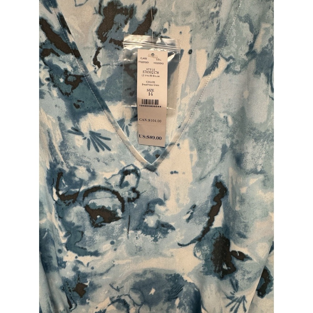 White House Black Market Banded Bottom Blouse Ruffle Shoulder Watercolor‎ Sz 14 - Picture 7 of 13